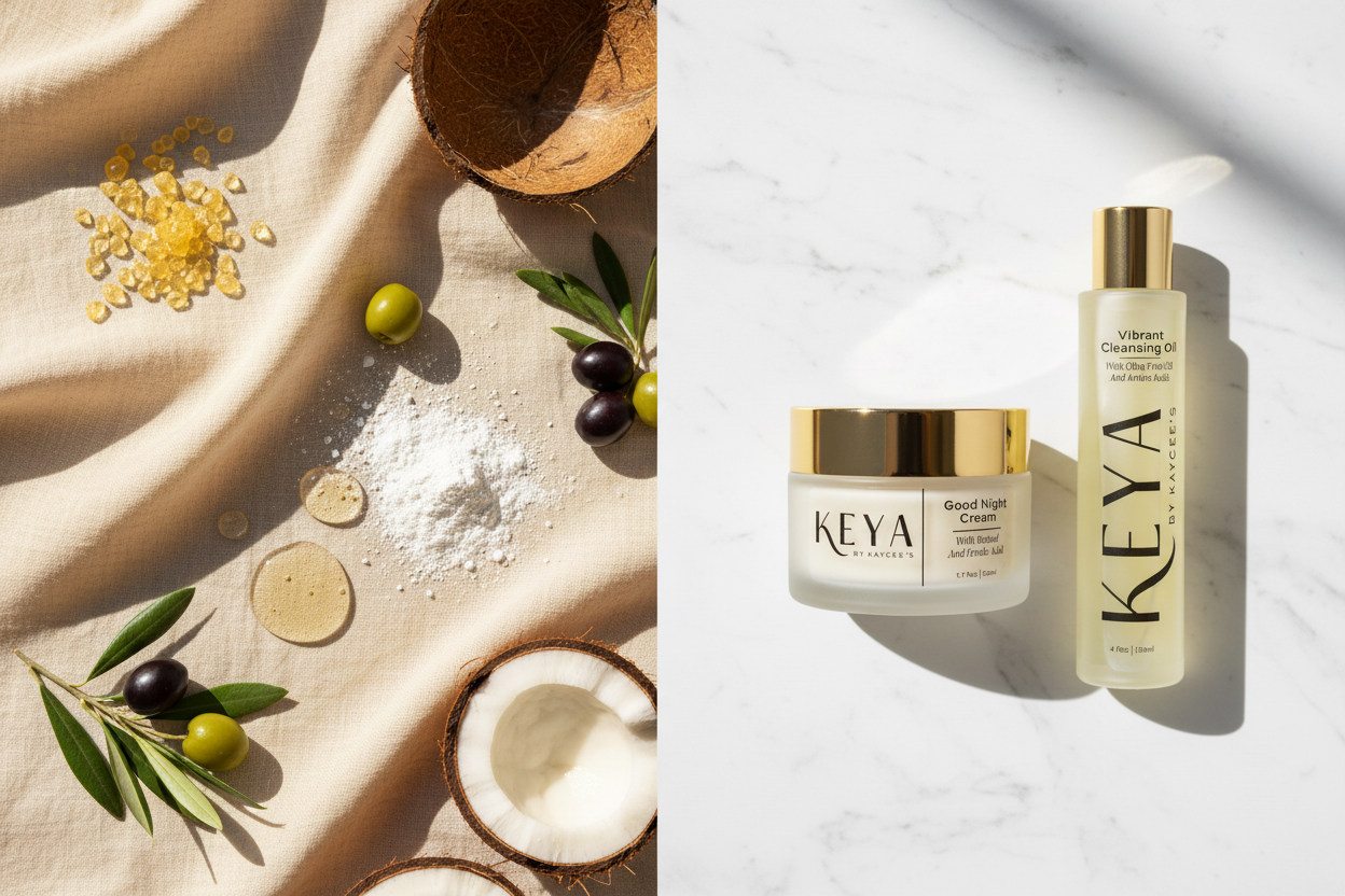 Raw retinol, ferulic acid, olive fruit and coconut botanicals on warm cream linen transforming into By Kaycee's Good Night Cream and Vibrant Cleansing Oil — nature meets clinical science