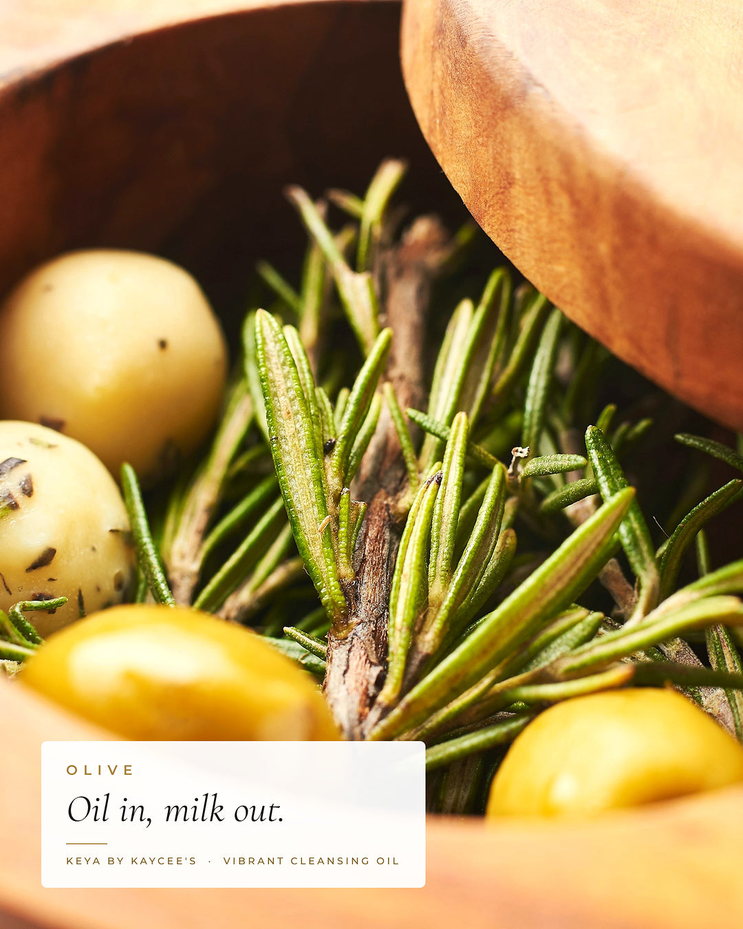 Olives and rosemary in a wooden bowl with the words Oil in, milk out, for KEYA Vibrant Cleansing Oil