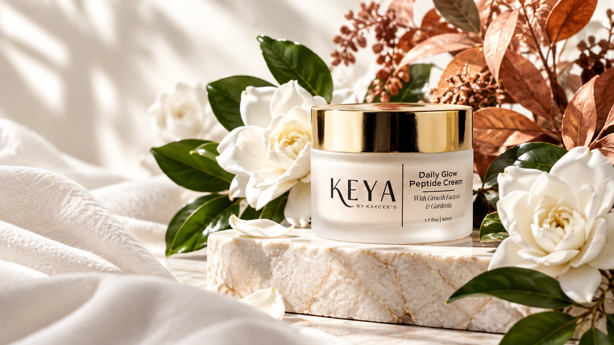 By Kaycee's Daily Glow Peptide Cream jar on an alabaster pedestal with fresh gardenias and terracotta leaves in morning light