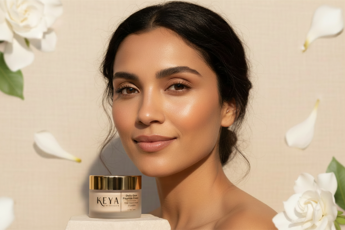 Close-up of glowing dewy skin with Daily Glow Peptide Cream by By Kaycee's. Warm cream background. Luxury skincare.