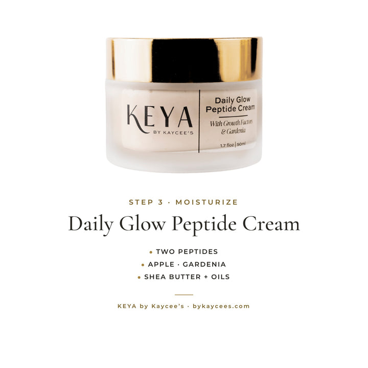 KEYA Daily Glow Peptide Cream: step 3, moisturize, with two peptides, apple and gardenia, and shea butter and oils