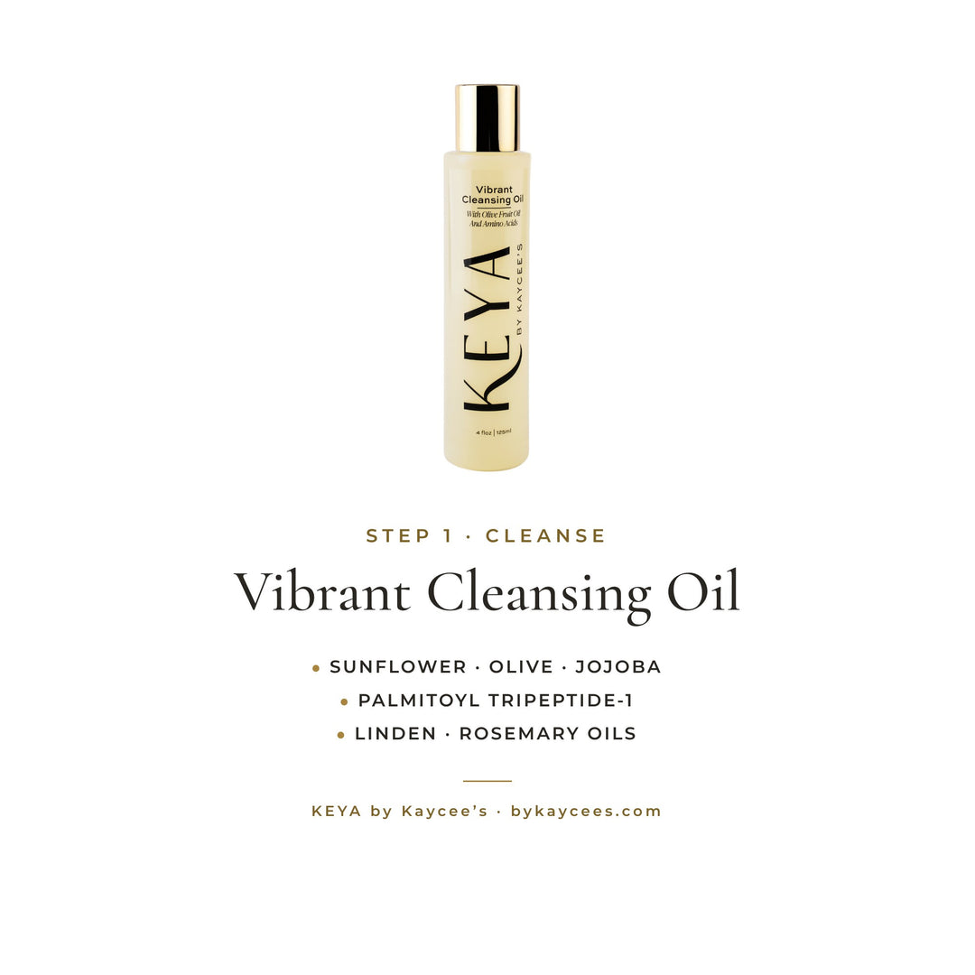 KEYA Vibrant Cleansing Oil: step 1, cleanse, with sunflower, olive and jojoba oils; palmitoyl tripeptide-1; and linden and rosemary oils