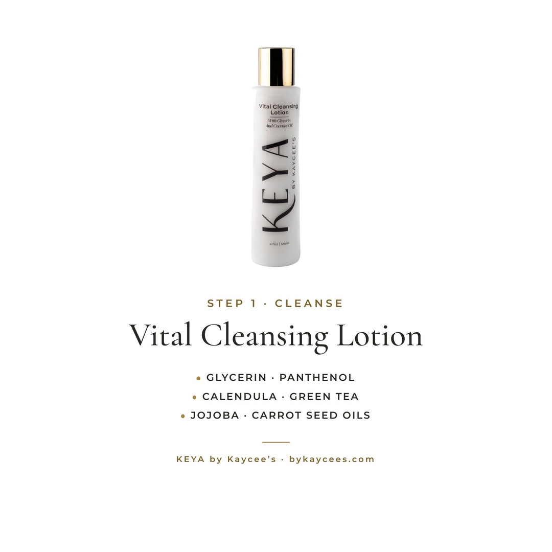 KEYA Vital Cleansing Lotion: step 1, cleanse, with glycerin and panthenol; calendula and green tea; and jojoba and carrot seed oils