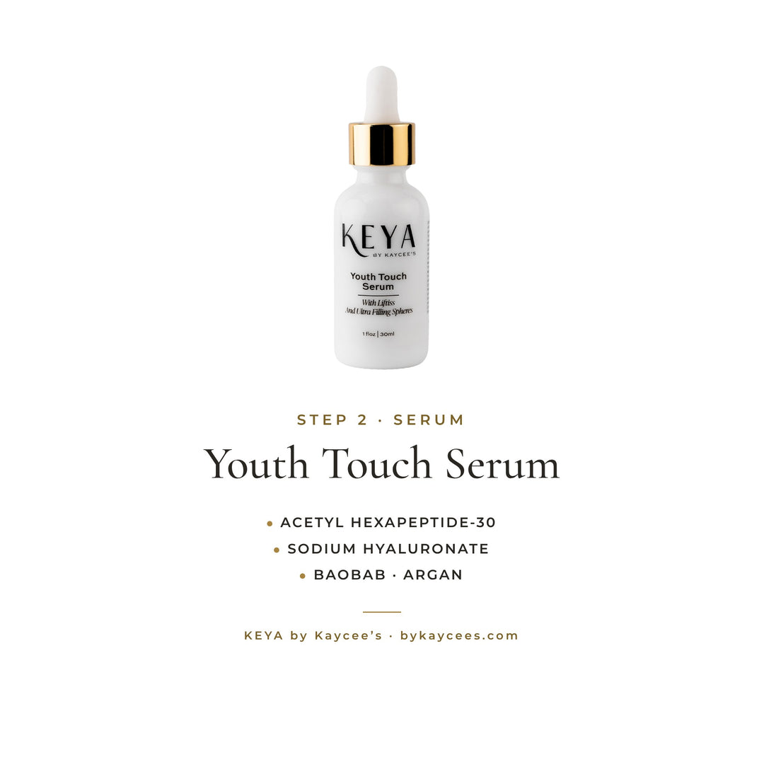 KEYA Youth Touch Serum: step 2, serum, with acetyl hexapeptide-30, sodium hyaluronate, and baobab and argan