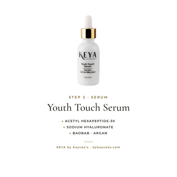 KEYA Youth Touch Serum: step 2, serum, with acetyl hexapeptide-30, sodium hyaluronate, and baobab and argan