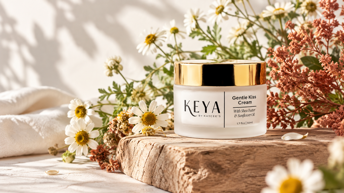By Kaycee's Gentle Kiss Cream on a natural wood surface with vibrant green chamomile and terracotta botanicals in morning light.