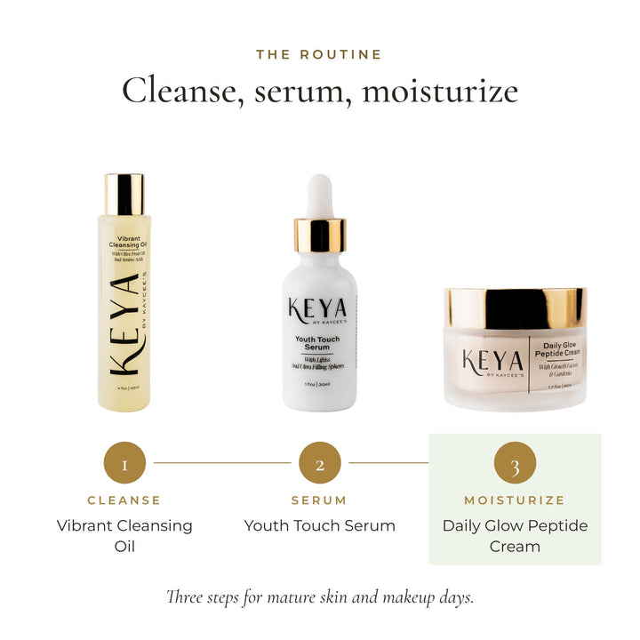 Routine: Vibrant Cleansing Oil, Youth Touch Serum, then Daily Glow Peptide Cream