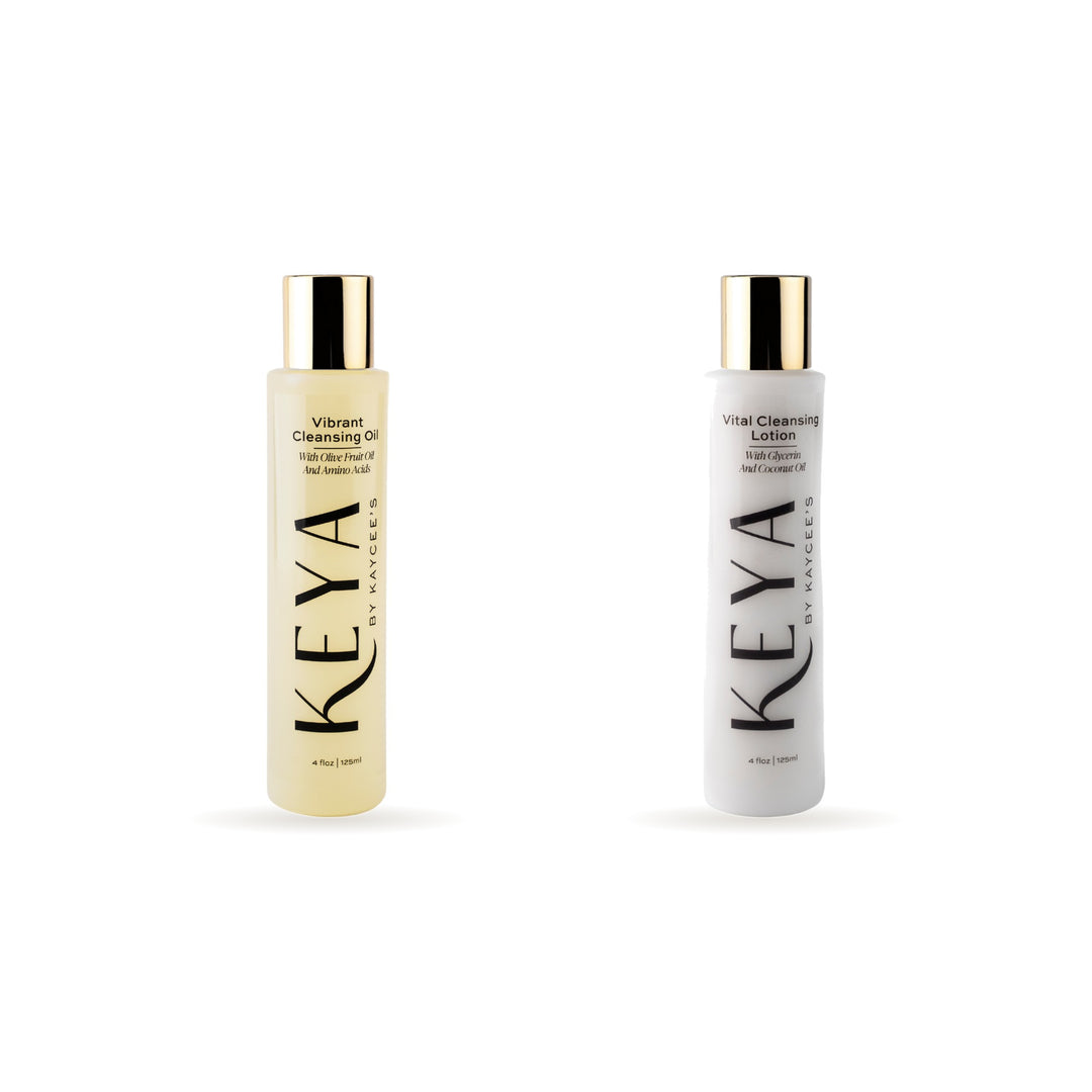 The Double Cleanse Duo: KEYA Vibrant Cleansing Oil and Vital Cleansing Lotion side by side