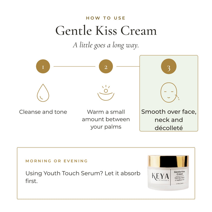 How to use Gentle Kiss Cream: cleanse and tone, warm a small amount between your palms, smooth over face, neck and décolleté