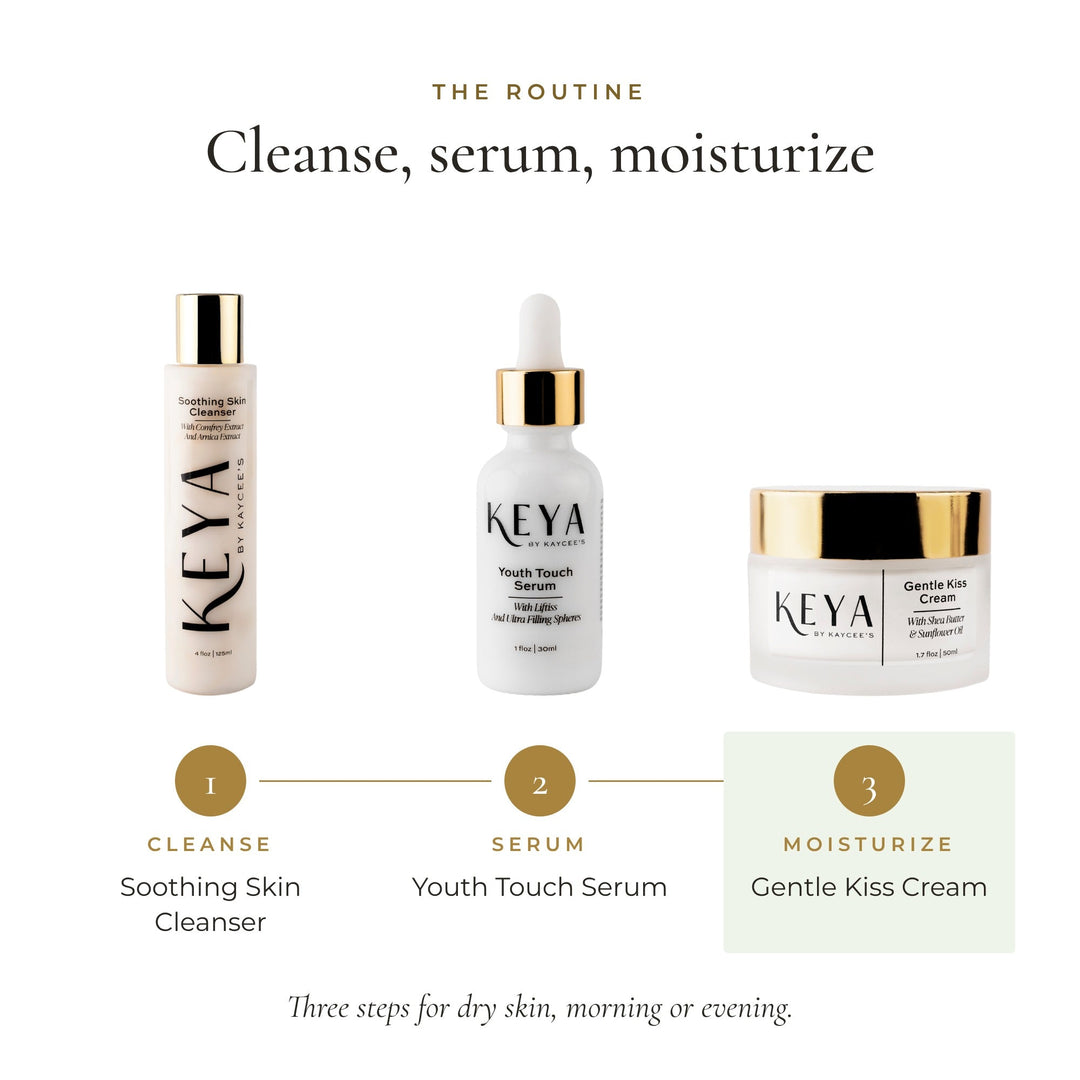 Routine: Soothing Skin Cleanser, Youth Touch Serum, then Gentle Kiss Cream to moisturize