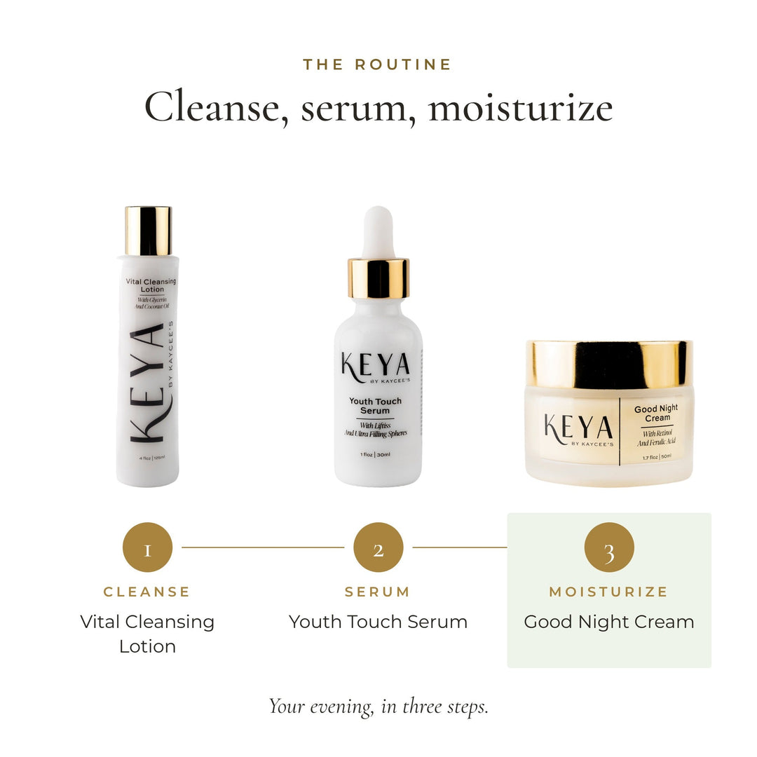 Routine: Vital Cleansing Lotion, Youth Touch Serum, then Good Night Cream