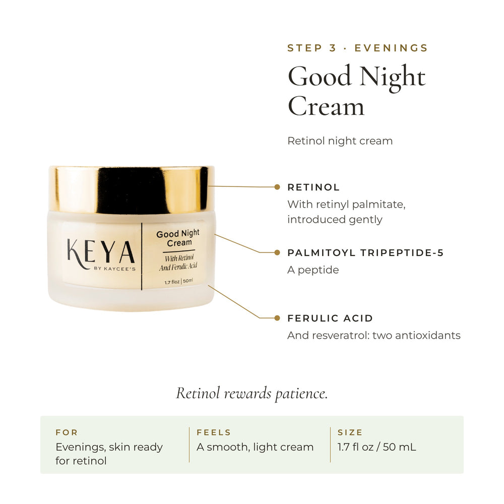 KEYA Good Night Cream: retinol, palmitoyl tripeptide-5 and ferulic acid. An evening cream, 1.7 fl oz / 50 mL