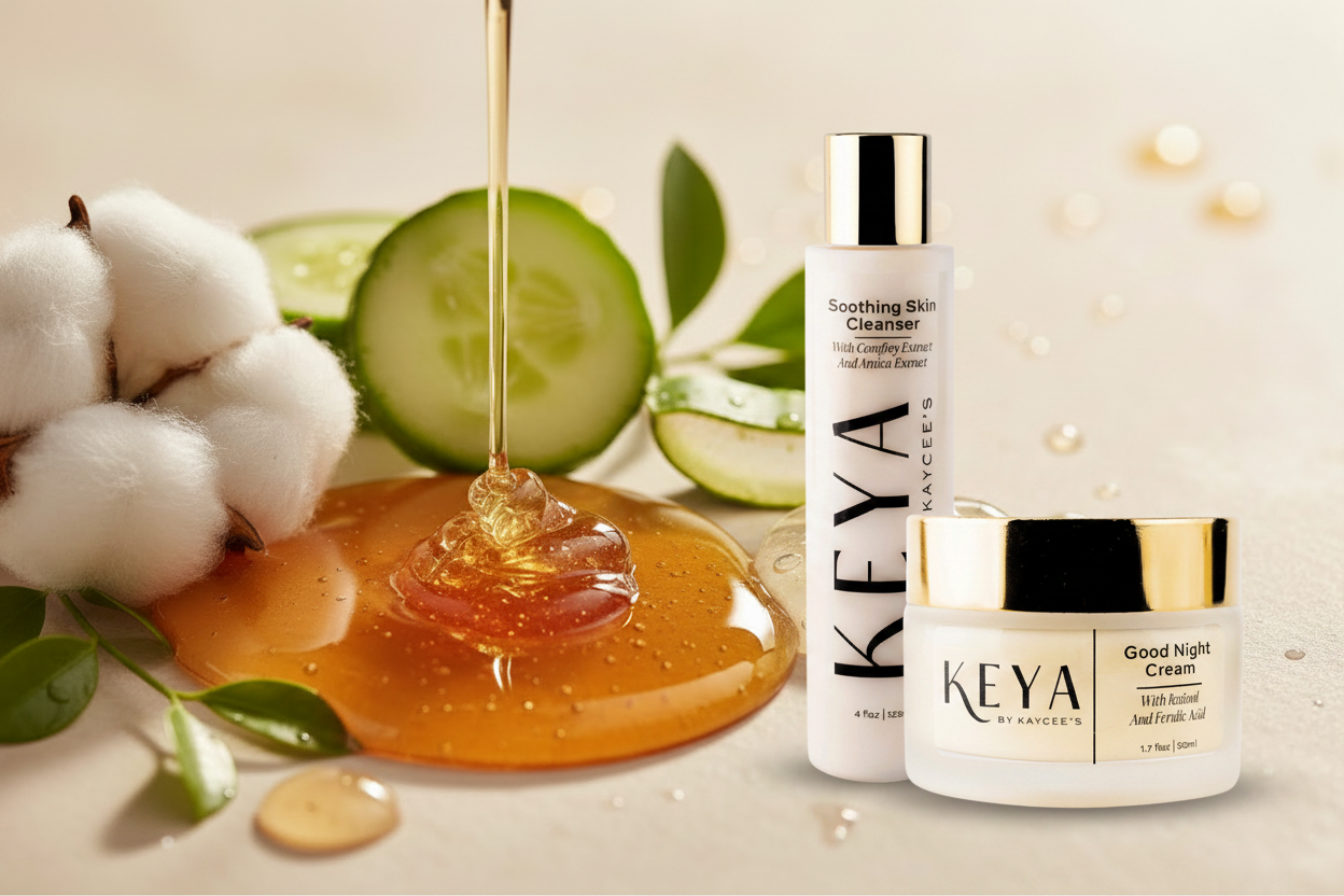 KEYA by Kaycee's Good Night Cream and Soothing Skin Cleanser with botanical ingredients — honey, cucumber, aloe vera, and cotton flower
