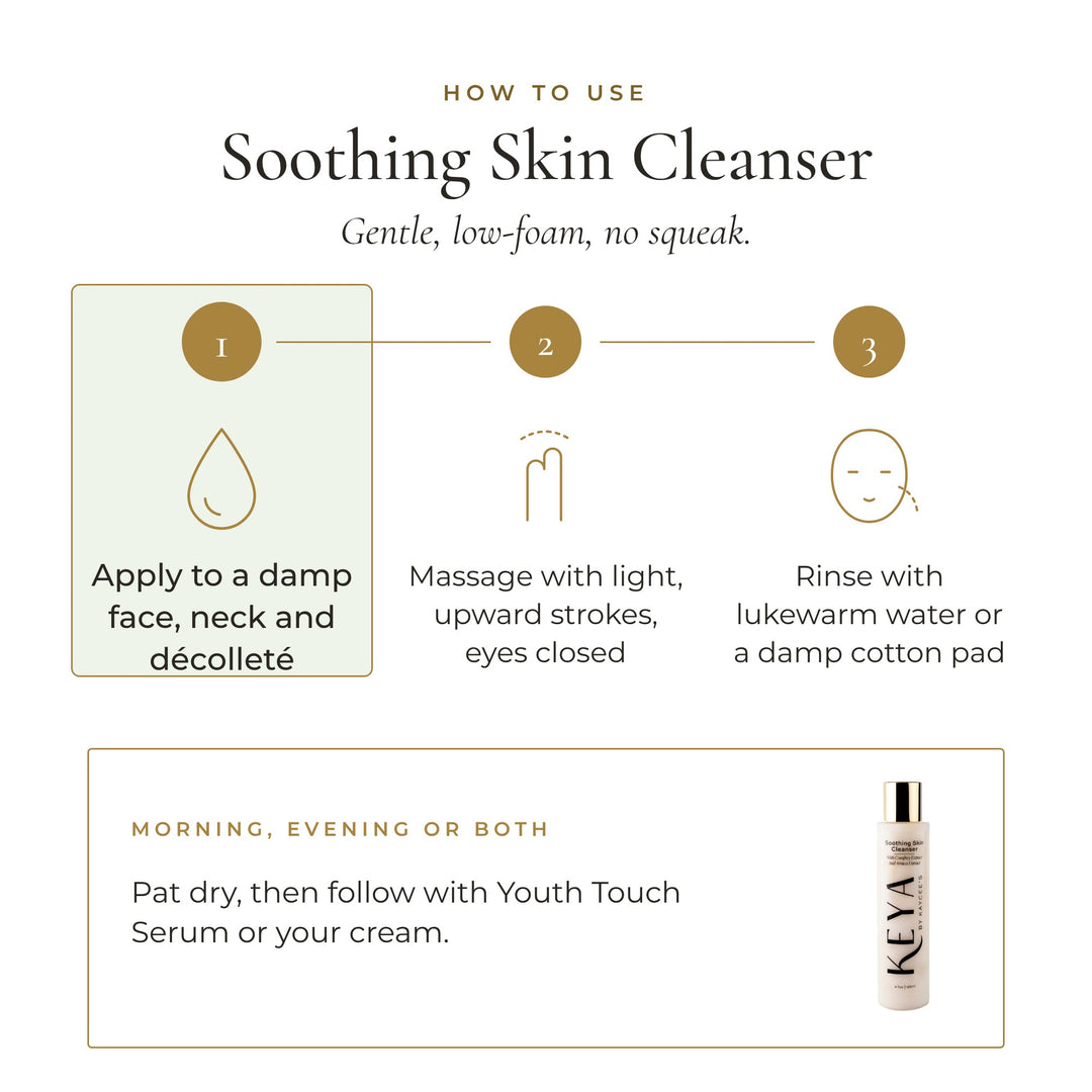 How to use Soothing Skin Cleanser: apply to a damp face, neck and décolleté, massage gently with eyes closed, rinse with lukewarm water
