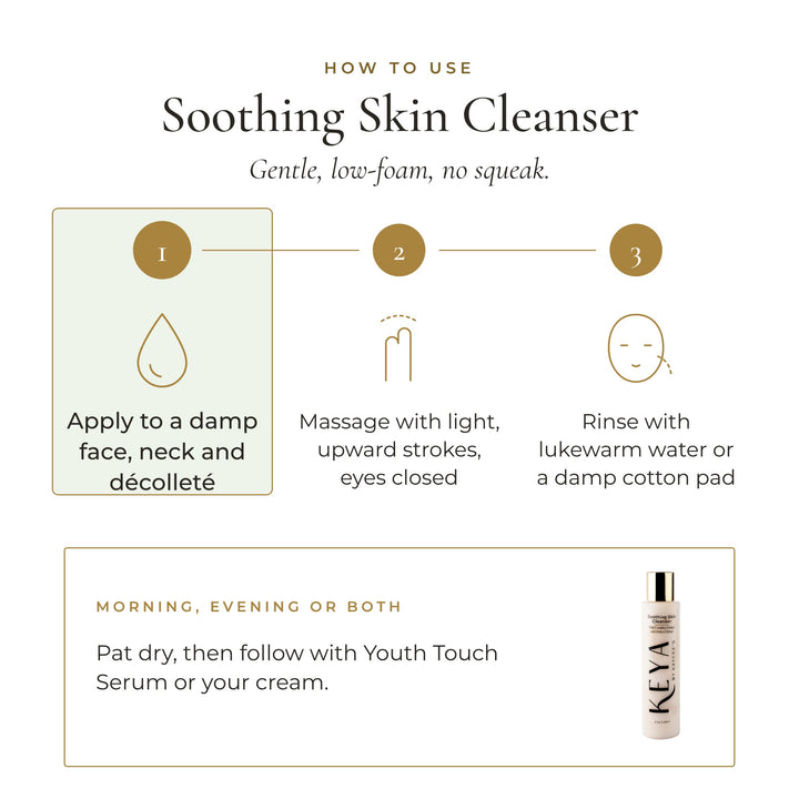 How to use Soothing Skin Cleanser: apply to a damp face, neck and décolleté, massage gently with eyes closed, rinse with lukewarm water