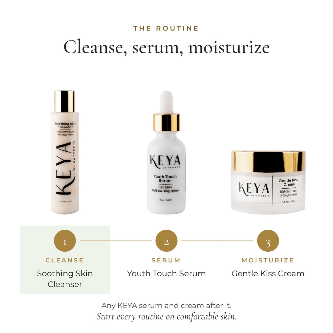 Routine: Soothing Skin Cleanser first, then Youth Touch Serum and Gentle Kiss Cream