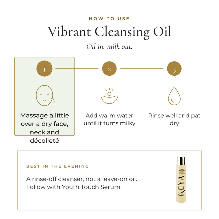 How to use Vibrant Cleansing Oil: massage over a dry face, neck and décolleté, add warm water until milky, rinse and pat dry