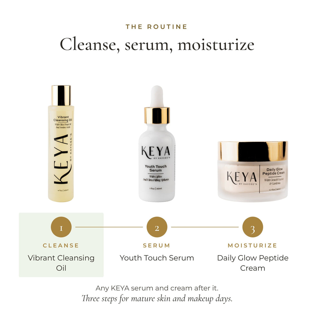 Routine: Vibrant Cleansing Oil first, then Youth Touch Serum and Daily Glow Peptide Cream