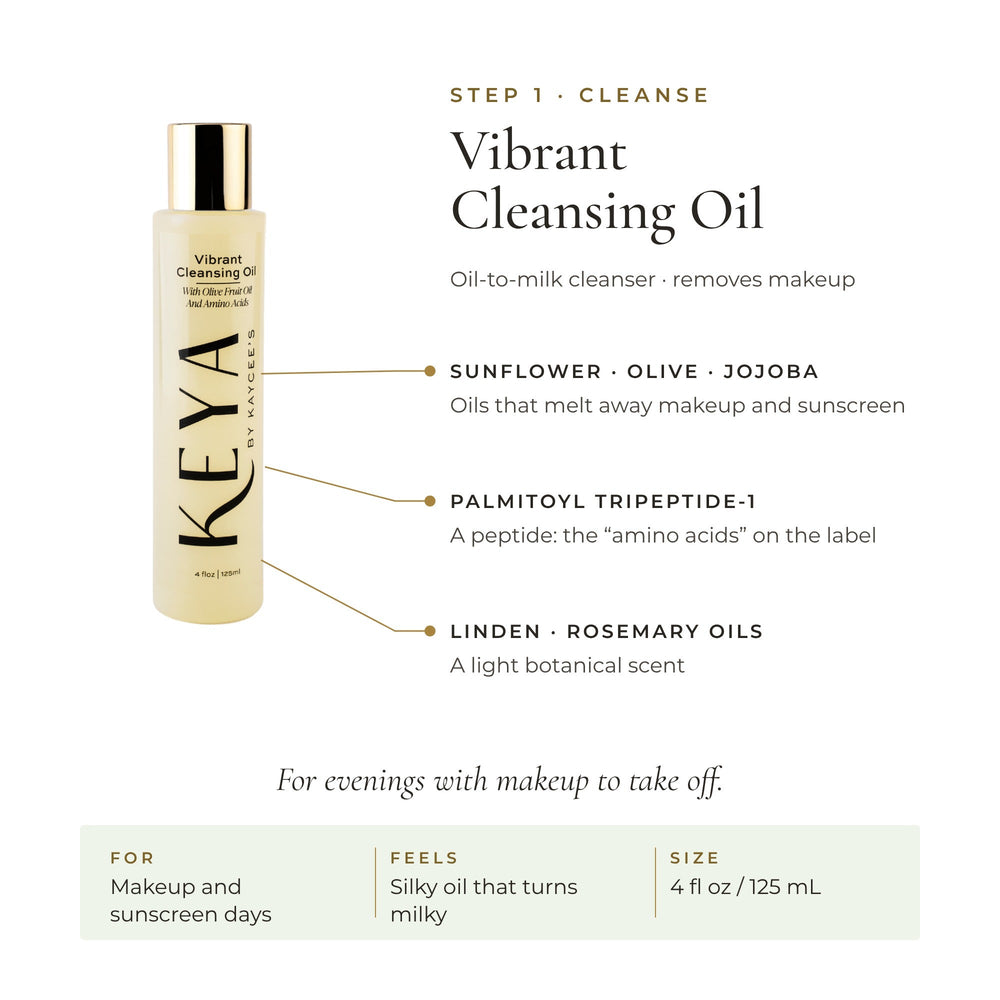 KEYA Vibrant Cleansing Oil: sunflower, olive and jojoba oils with palmitoyl tripeptide-1. An oil-to-milk cleanser, 4 fl oz / 125 mL