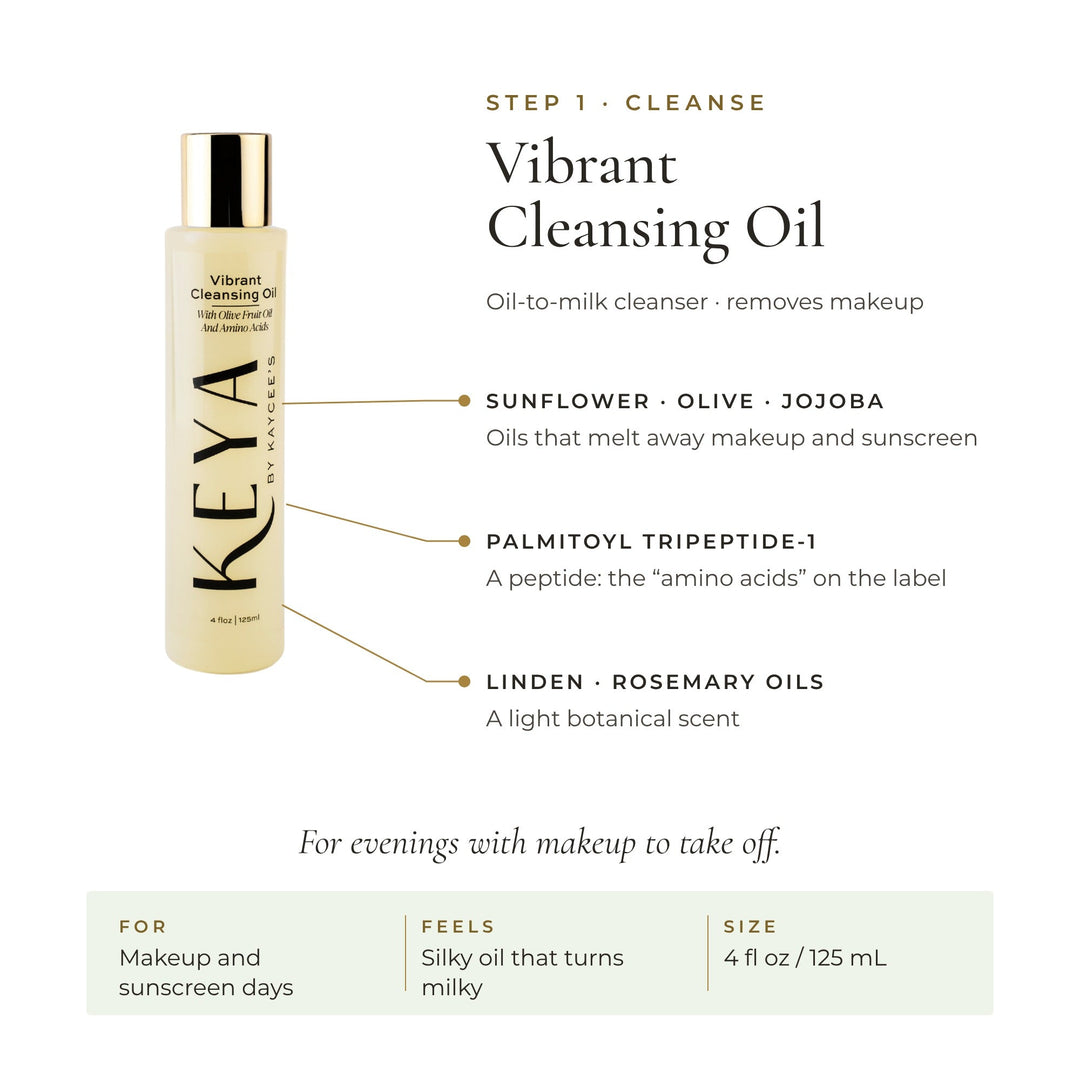KEYA Vibrant Cleansing Oil: sunflower, olive and jojoba oils with palmitoyl tripeptide-1. An oil-to-milk cleanser, 4 fl oz / 125 mL
