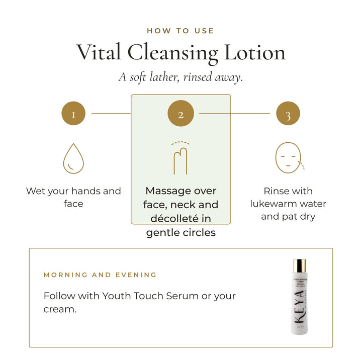 How to use Vital Cleansing Lotion: wet hands and face, massage over face, neck and décolleté in gentle circles, rinse and pat dry