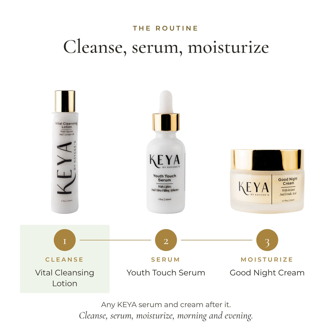 Routine: Vital Cleansing Lotion first, then Youth Touch Serum and Good Night Cream