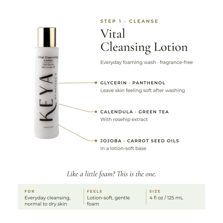 KEYA Vital Cleansing Lotion: glycerin and panthenol, calendula and green tea, jojoba and carrot seed oils. A soft foam, 4 fl oz / 125 mL