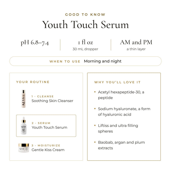Good to know: Youth Touch Serum, morning and night; with a peptide, hyaluronic acid, Liftiss and ultra filling spheres