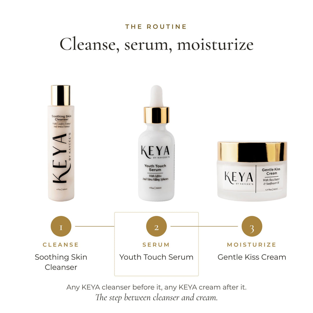 Routine: a KEYA cleanser, Youth Touch Serum, then a KEYA cream