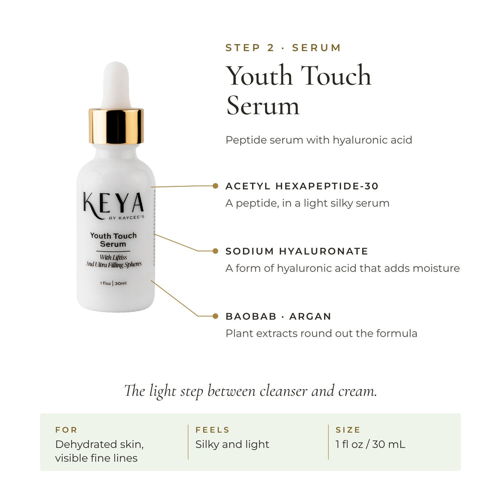 KEYA Youth Touch Serum: acetyl hexapeptide-30, sodium hyaluronate, baobab and argan. Silky and light, 1 fl oz / 30 mL