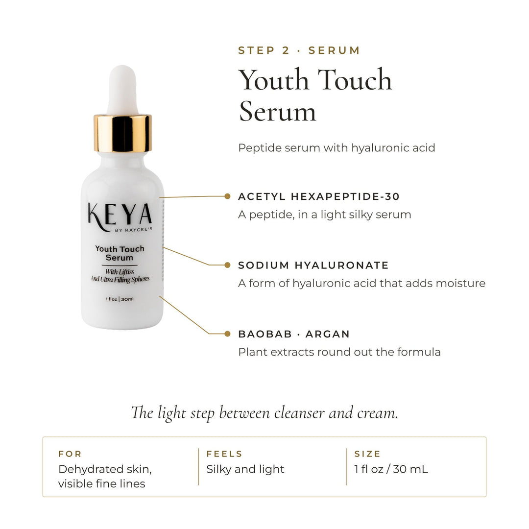 KEYA Youth Touch Serum: acetyl hexapeptide-30, sodium hyaluronate, baobab and argan. Silky and light, 1 fl oz / 30 mL
