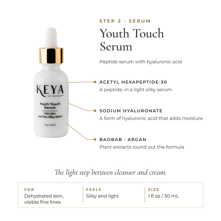 KEYA Youth Touch Serum: acetyl hexapeptide-30, sodium hyaluronate, baobab and argan. Silky and light, 1 fl oz / 30 mL