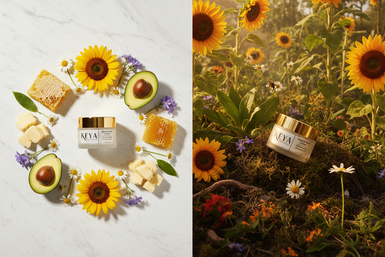 Gentle Kiss Cream with Shea Butter and Sunflower Oil centered on white marble surrounded by a precise circle of raw shea butter, sunflower, avocado, beeswax honeycomb and chamomile left, and the same jar nestled in a wild botanical garden with the same ingredients growing naturally in golden sunlight right — By Kaycee's, where clinical science meets botanical origins