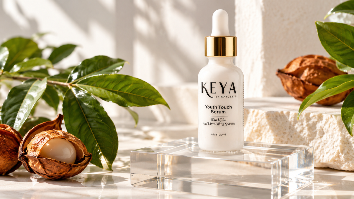 By Kaycee's Youth Touch Serum on an acrylic stand with amber pods and Swiss apple leaves in bright morning light.